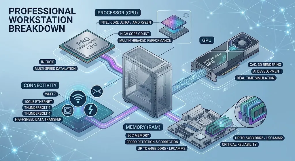 Dell Pro Precision workstation hardware specifications infographic.