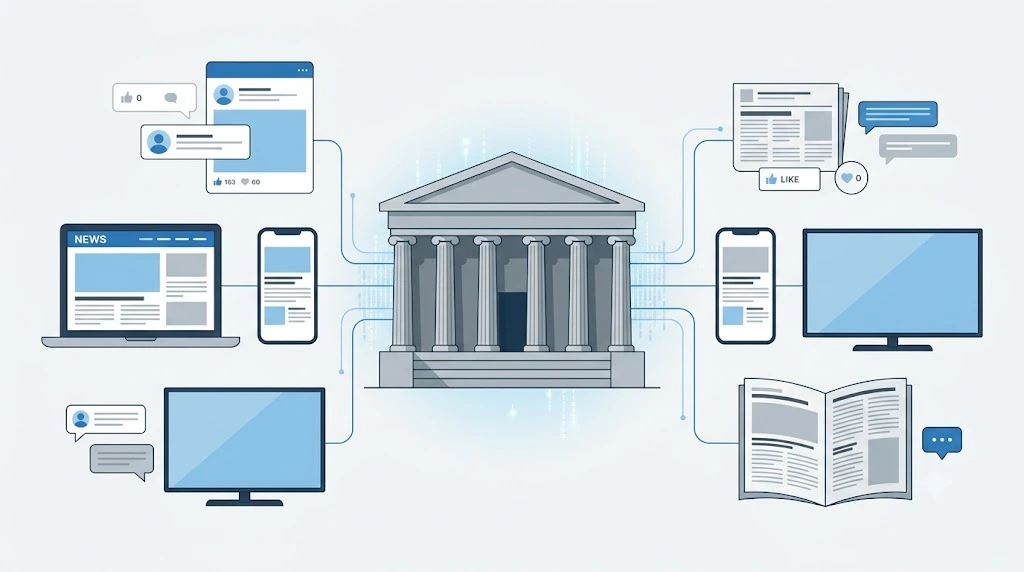 Illustration showing legal decisions spreading through digital media.
