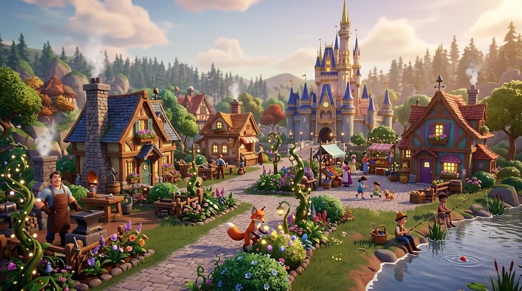 Disney Dreamlight Valley featuring its magical village and Disney-inspired world.