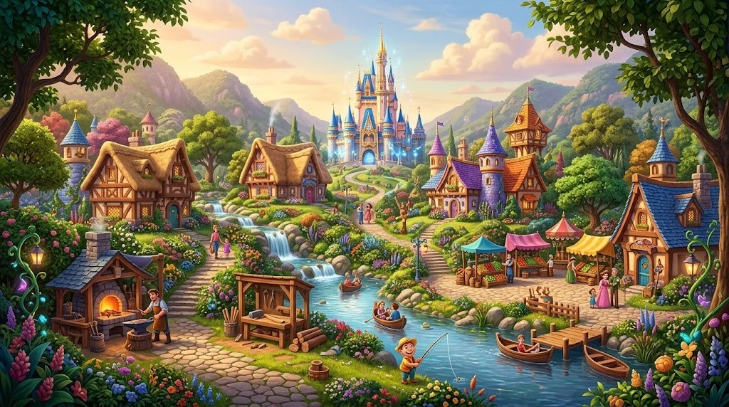 Fantasy village in Disney Dreamlight Valley.