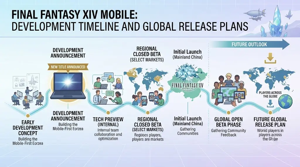 FINAL FANTASY XIV MOBILE development timeline showing announcement and future release plans.