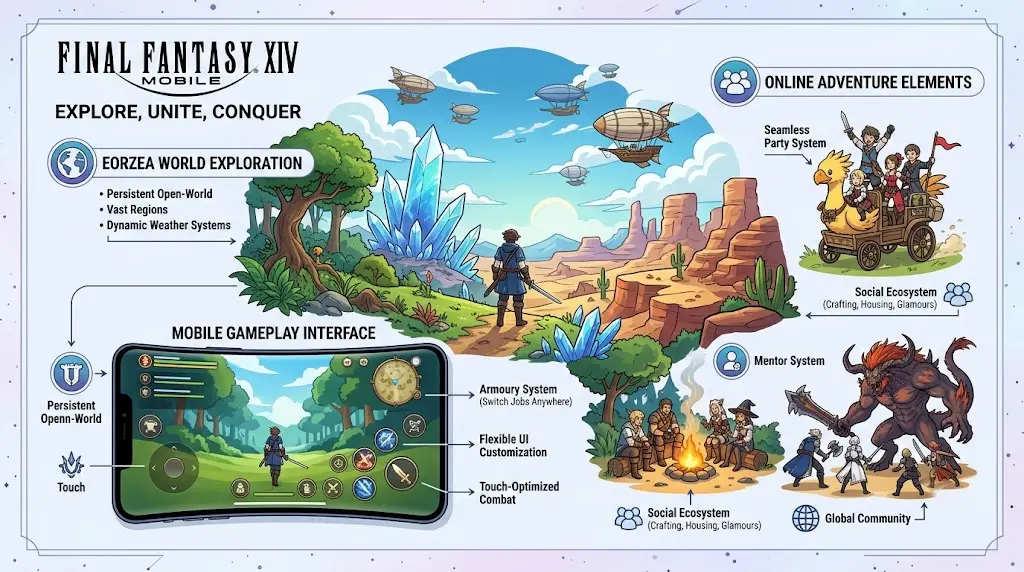 Illustration showing FINAL FANTASY XIV MOBILE features and Eorzea setting.