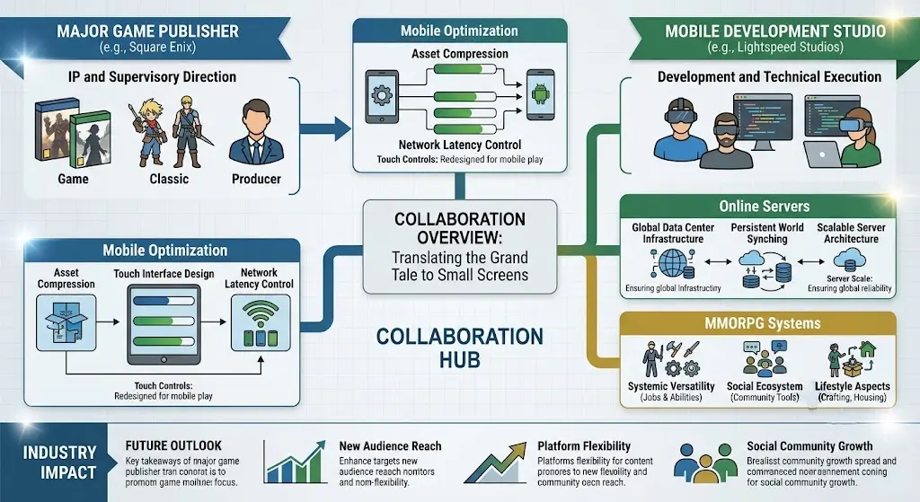 Illustration explaining the Square Enix and Lightspeed Studios partnership for FINAL FANTASY XIV MOBILE.