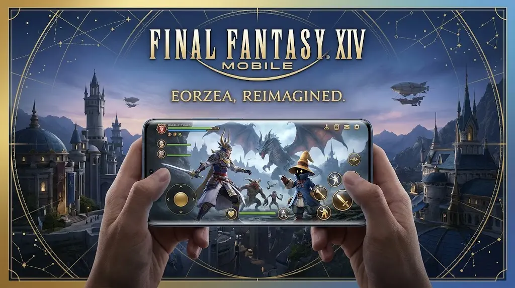 FINAL FANTASY XIV MOBILE promotional artwork representing the mobile adaptation of the MMORPG.