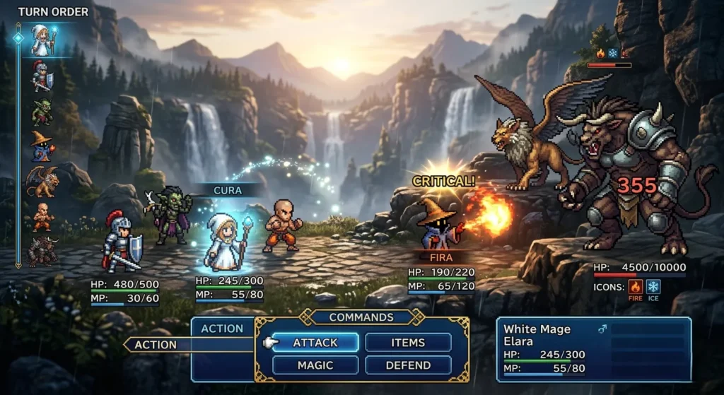 Turn-based combat scene inspired by Final Fantasy Resonance gameplay.