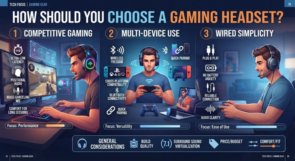 Gaming headset buying guide showing factors like latency, comfort, and connectivity.