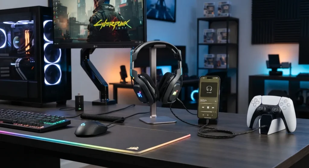 Gaming headset with wireless transmitter, Bluetooth connection, and wired audio cable. wireless gaming headsets with wired audio
