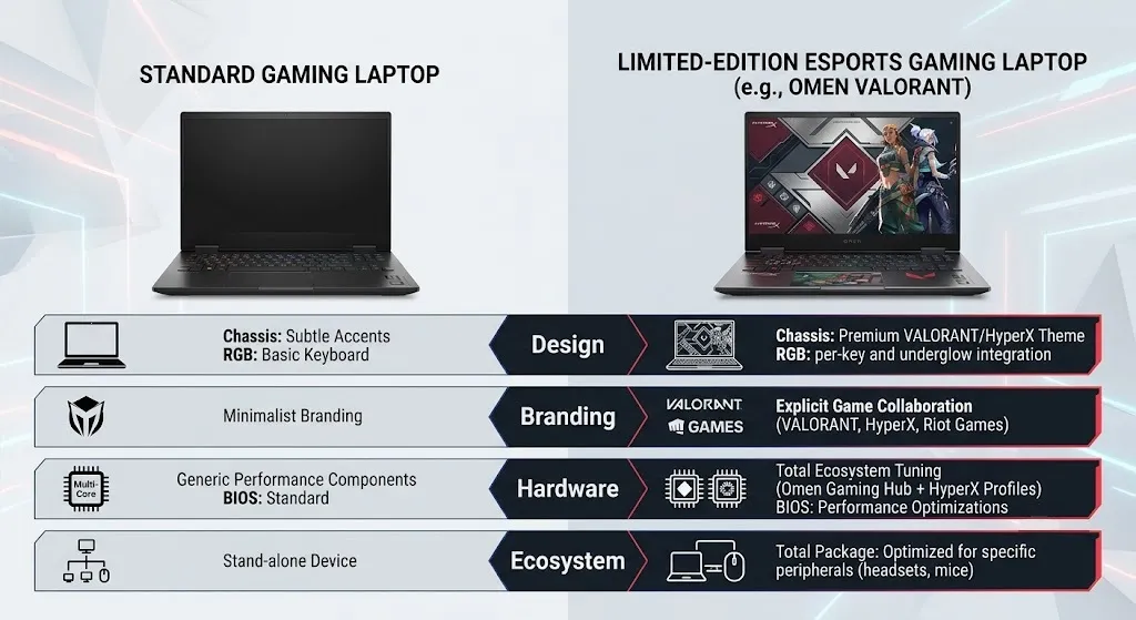 Comparison between standard gaming laptops and VALORANT-themed limited edition gaming hardware.
