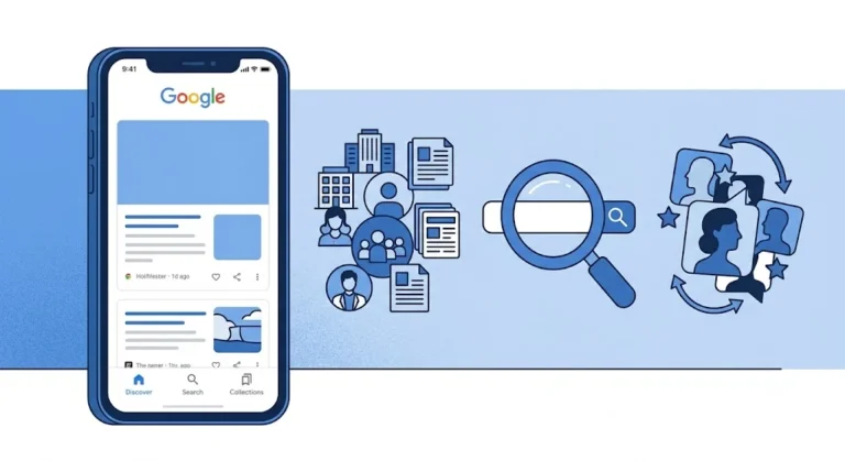 Illustration showing Google Discover delivering personalized news from online publishers.