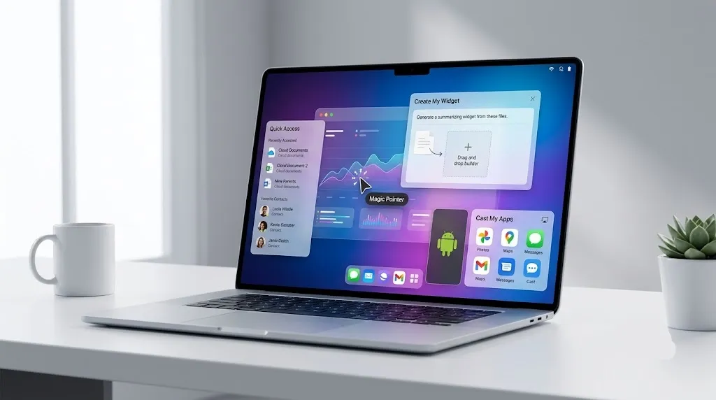 Illustration of Googlebook's AI-powered productivity features.