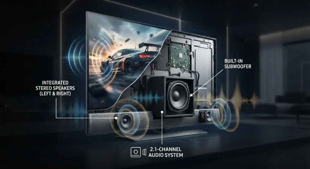 Illustration showing integrated TV speakers and subwoofer.