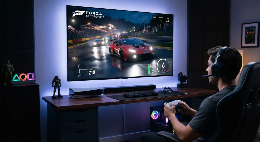 4K television displaying a fast-paced racing game.