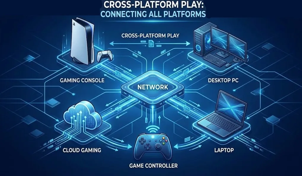 Illustration representing cross-platform gaming across console, PC, and cloud.