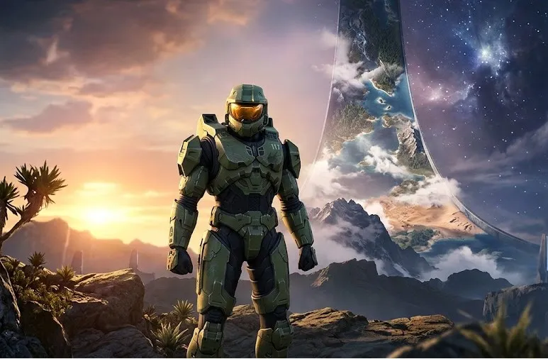 Wide view of a Halo-style ringworld environment.