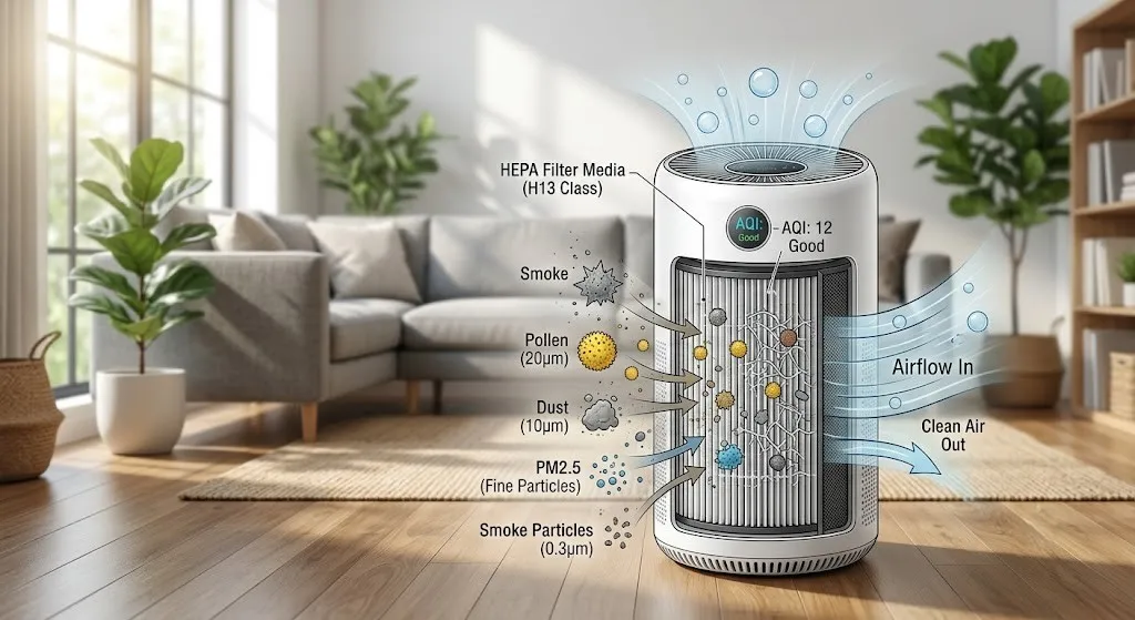 Illustration showing how a HEPA air purifier captures airborne particles inside a home.