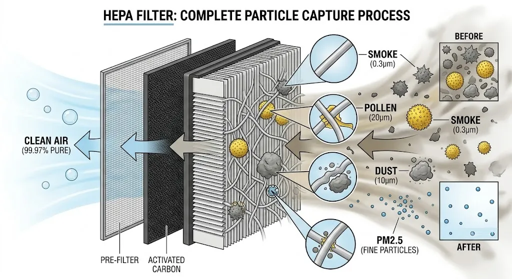 Diagram showing particles being trapped by a HEPA filter.