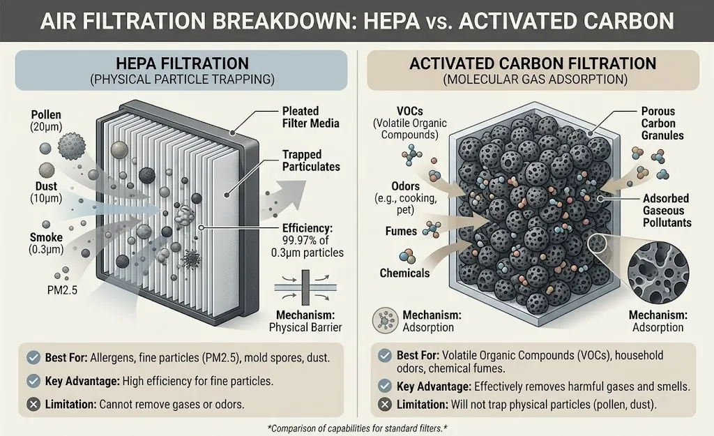Comparison of HEPA particle filtration and gas filtration technologies.