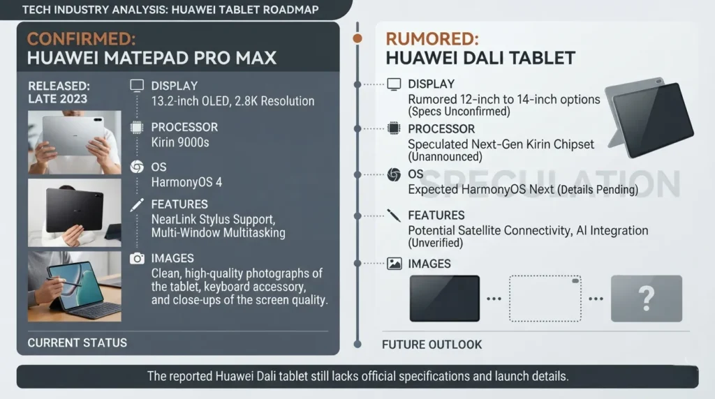 Timeline graphic separating confirmed Huawei MatePad Pro Max details from rumored Dali information.