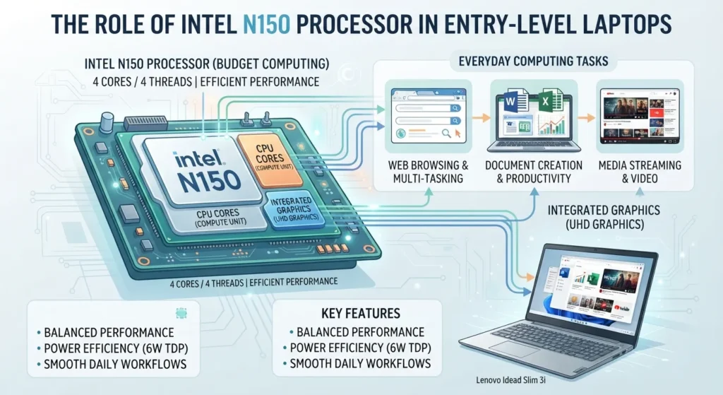 Intel N150 processor role in budget laptop computing. Lenovo IdeaPad Slim 3i Intel N150