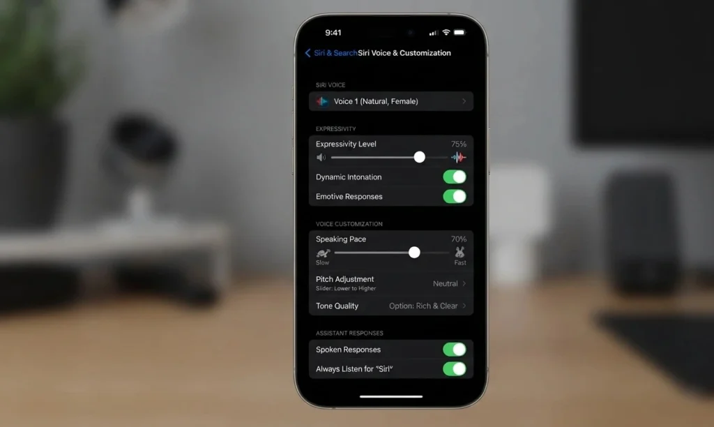 iOS 27 Beta 3 Siri voice customization settings screen showing voice selection, expressivity, and pace controls.