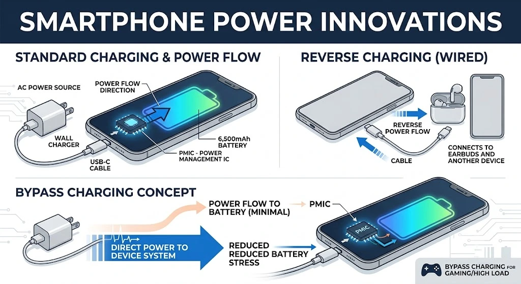 Illustration explaining Reverse Charging and Bypass Charging 2.0