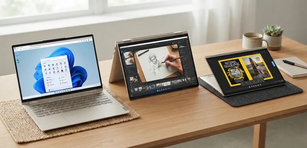 LConvertible laptop shown in multiple usage modes