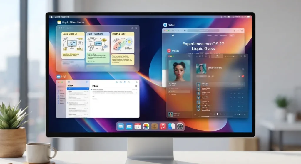 Concept illustration of the Liquid Glass interface in macOS 27.