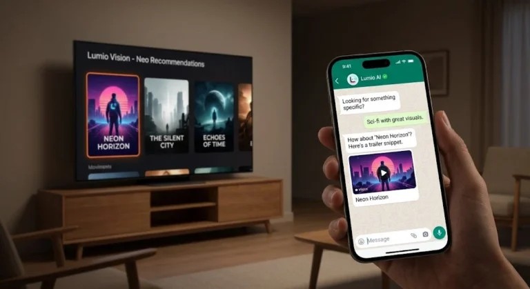 Lumio Project Neo helping users discover entertainment through WhatsApp on a Lumio Vision TV.
