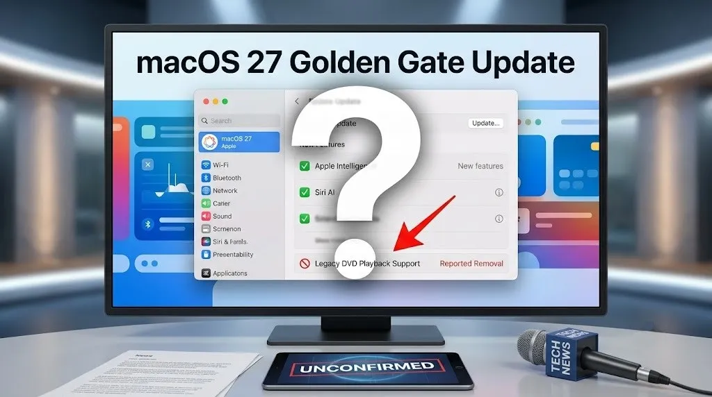 macOS 27 Golden Gate update announcement with unconfirmed DVD playback changes