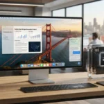 Illustration representing macOS 27 Golden Gate running on an Apple Silicon Mac.
