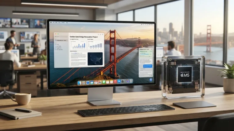 Illustration representing macOS 27 Golden Gate running on an Apple Silicon Mac.