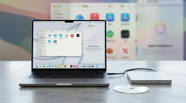 Mac laptop with DVD disc and external optical drive representing macOS 27 Golden Gate DVD playback changes