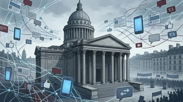 Illustration representing the French appeals court ruling and digital political communication.