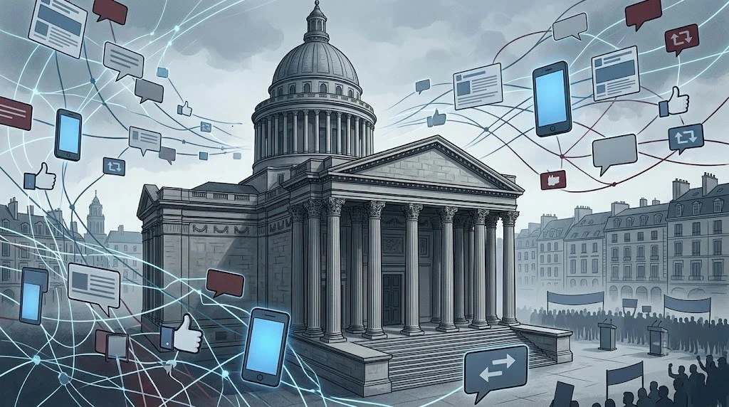 Illustration representing the French appeals court ruling and digital political communication.