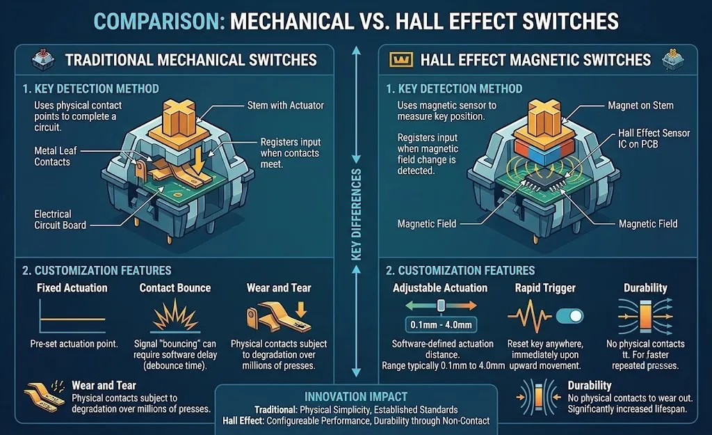 Comparison between traditional mechanical and Hall Effect keyboard switches.