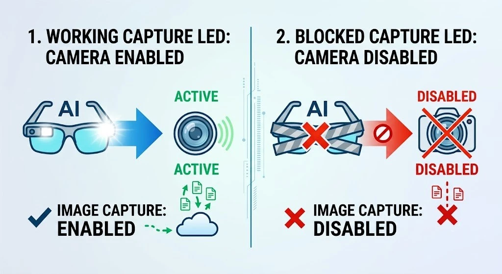 Diagram explaining how the camera is disabled when the recording LED is blocked.