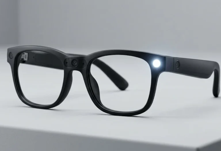AI smart glasses showing the illuminated recording indicator LED.