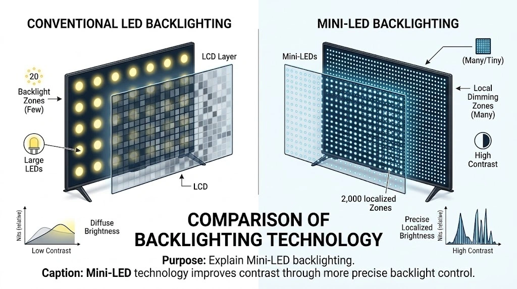 Comparison between LED and Mini-LED backlighting.