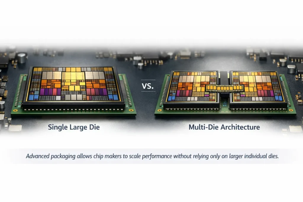 Comparison of single-die and multi-die processor architectures.