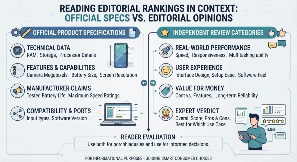 Comparison between official specifications and editorial reviews