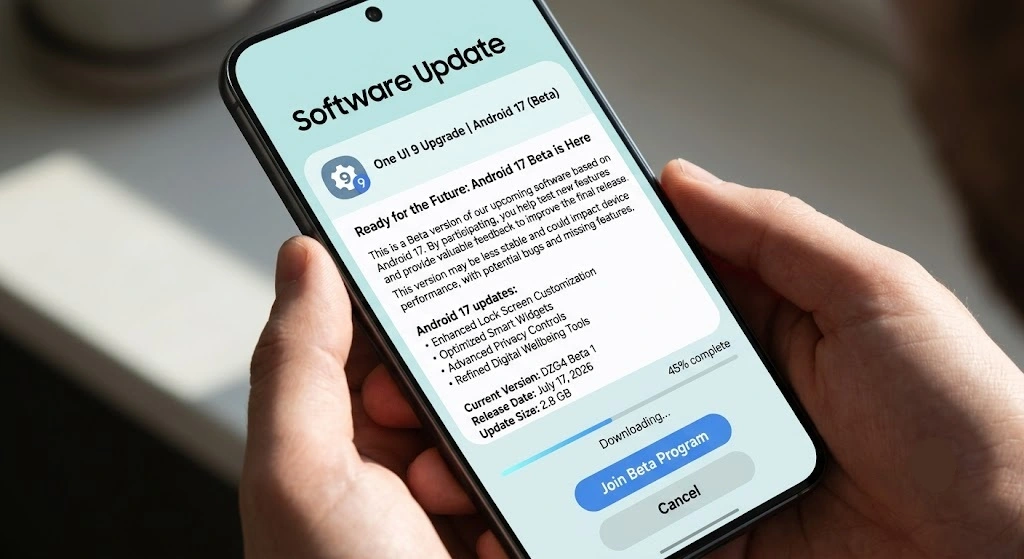 Samsung One UI 9 Beta software update announcement interface.
