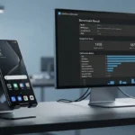 Concept illustration of the Oppo A7 Pro Max alongside a Geekbench benchmark listing.