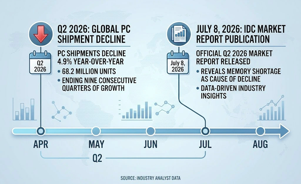 Timeline of IDC's Q2 2026 PC market report.