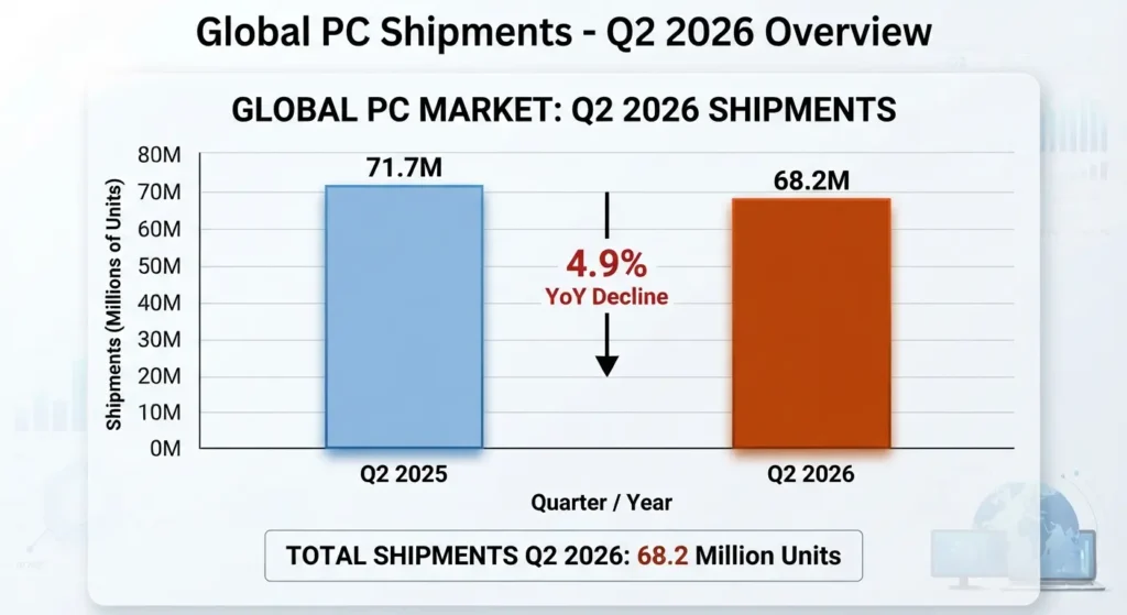 Chart illustrating worldwide PC shipment decline in Q2 2026.
