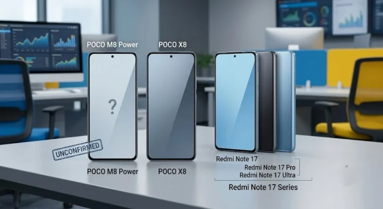 Illustration representing the rumored POCO M8 Power and POCO X8 smartphones expected for India.