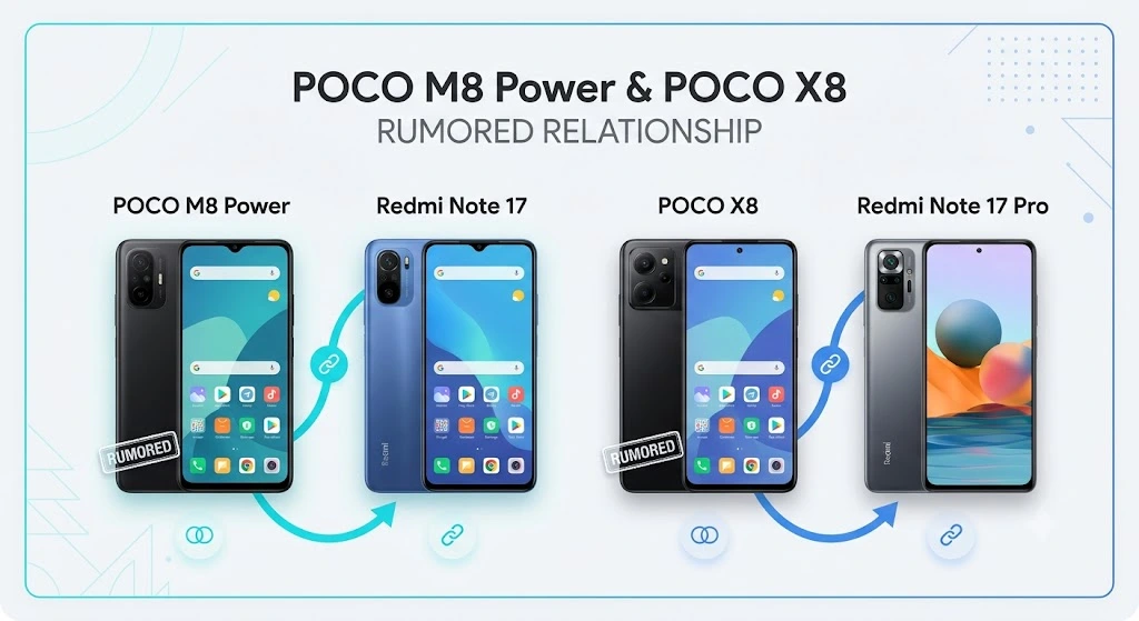 Rumored comparison between POCO M8 Power, POCO X8, and Redmi Note 17 series. Poco X8 India launch rumours