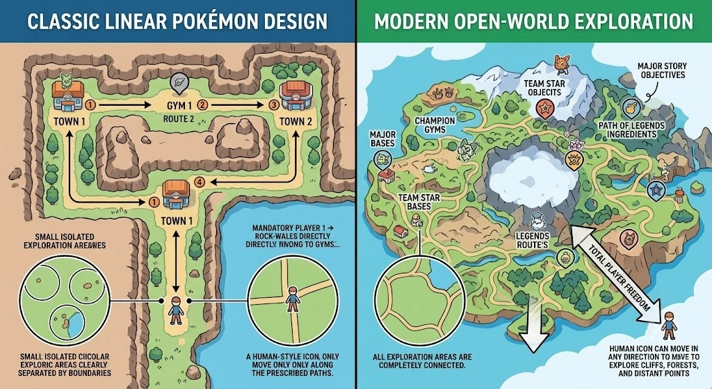 Comparison of traditional Pokémon games and Scarlet Violet open-world design
