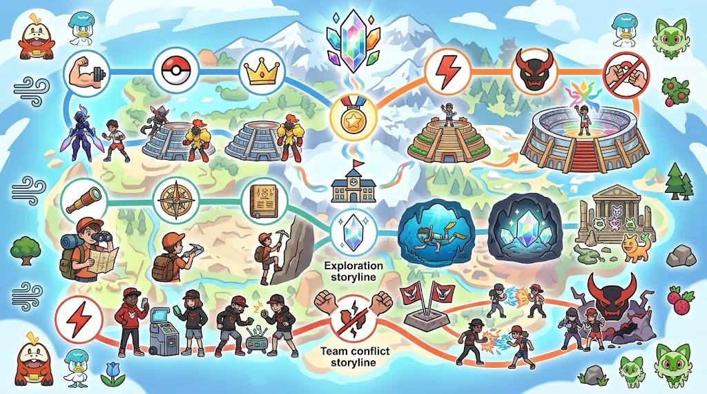 Pokémon Scarlet and Violet three story path concept illustration