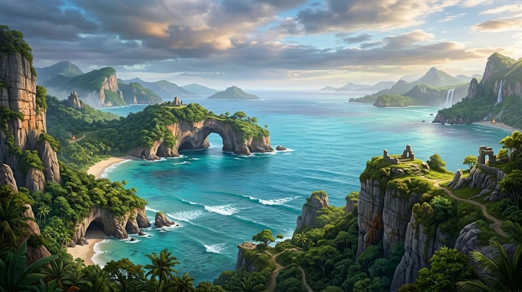 Concept illustration of the island region featured in Pokémon Winds and Pokémon Waves.