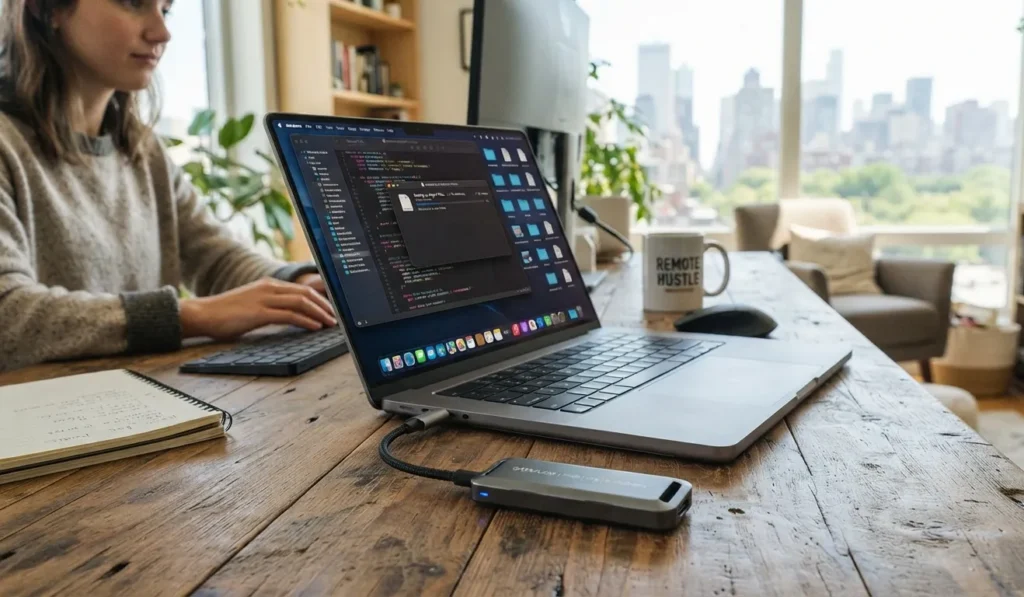 Portable SSD beside a laptop used for remote work file storage.